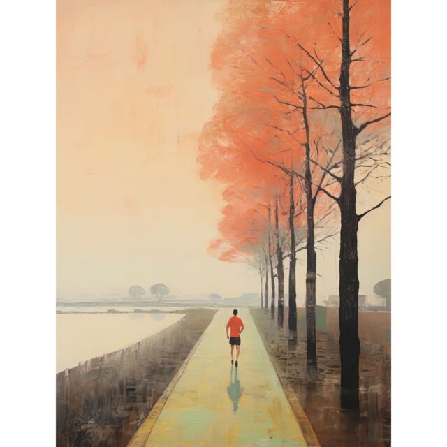 Artery8 Wall Art Print Early Morning Jogging Pastel Colour Oil Painting Jogger on Lakeside Pink Tree Trail Countryside Landscape Poster - image 1