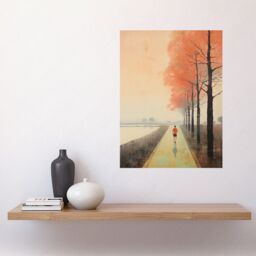 Artery8 Wall Art Print Early Morning Jogging Pastel Colour Oil Painting Jogger on Lakeside Pink Tree Trail Countryside Landscape Poster - thumbnail 2