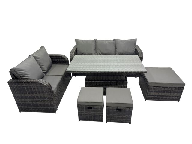 Fimous Rattan Garden Furniture Dining Set 8-seater with 3 Footstools in Dark Grey - image 1