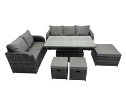 Fimous Rattan Garden Furniture Dining Set 8-seater with 3 Footstools in Dark Grey - thumbnail 1