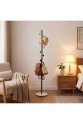 Living and Home 170cm Freestanding Coat Rack with 8 Hooks, Marble Base in Jet Black - thumbnail 2