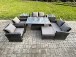 Fimous Rattan Garden Furniture Sets Patio Outdoor Rising Lifting Table Sofa Set with Double Seat Sofa 2 Side Tables Big Footstool in Dark Grey - thumbnail 1