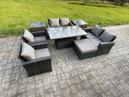 Fimous Rattan Garden Furniture Sets Patio Outdoor Rising Lifting Table Sofa Set with Double Seat Sofa 2 Side Tables Big Footstool in Dark Grey - thumbnail 2