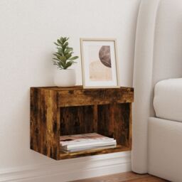 Berkfield Home Bedside Cabinet with LED Lights Wall-mounted Smoked Oak in Brown - thumbnail 3