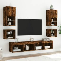Berkfield Home Bedside Cabinet with LED Lights Wall-mounted Smoked Oak in Brown - thumbnail 4