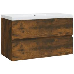 Berkfield Home Sink Cabinet with Built-in Basin Smoked Oak Engineered Wood in Brown - thumbnail 1