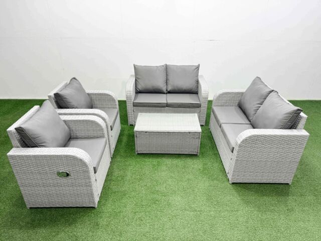 Fimous 6 Seater Outdoor Reclining Chair Love Sofa Set Rattan Garden Furniture Set with Rectangular Coffee Table Light Grey - image 1