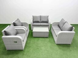 Fimous 6 Seater Outdoor Reclining Chair Love Sofa Set Rattan Garden Furniture Set with Rectangular Coffee Table Light Grey - thumbnail 2