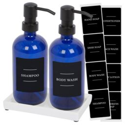 Harbour Housewares 2pc Glass Soap Dispenser Set with Ceramic Tray & Labels in Blue - thumbnail 1