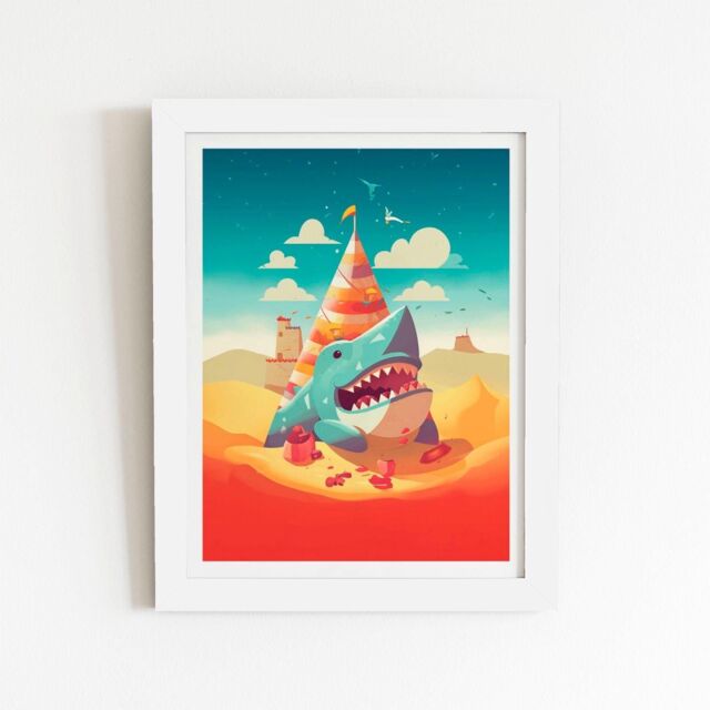 "Warren Reed - Designer Shark On A Beach Holiday Framed Art Print in White - Size: W16"" x H24""" - image 1