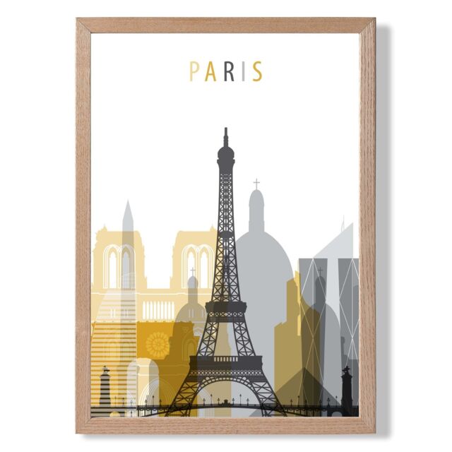 ARTZE Paris Yellow & Grey City Skyline Framed Print SIZE: A4 with Oak Frame - image 1