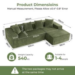 Dprodo 261CM Modular Right L-Shaped Sectional Sofa, 4 Seater Corner Sofa in Green - thumbnail 2