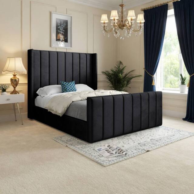 KDMD Strumpshaw Winged Upholstered Black Soft Velvet Designer Bed Frame - Size: Small Single - image 1