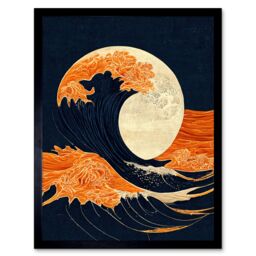 "Artery8 Wall Art Print The Great Wave at Full Moon Modern Japan Seascape Woodblock Art Framed in Orange - Size: W12"" x H16""" - thumbnail 1