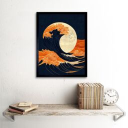 "Artery8 Wall Art Print The Great Wave at Full Moon Modern Japan Seascape Woodblock Art Framed in Orange - Size: W12"" x H16""" - thumbnail 2
