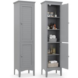 Costway 5-Tier Bathroom Tall Cabinet Slim Storage Organizer Cupboard 2 Door in Grey - thumbnail 3