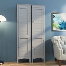 Costway 5-Tier Bathroom Tall Cabinet Slim Storage Organizer Cupboard 2 Door in Grey - thumbnail 6