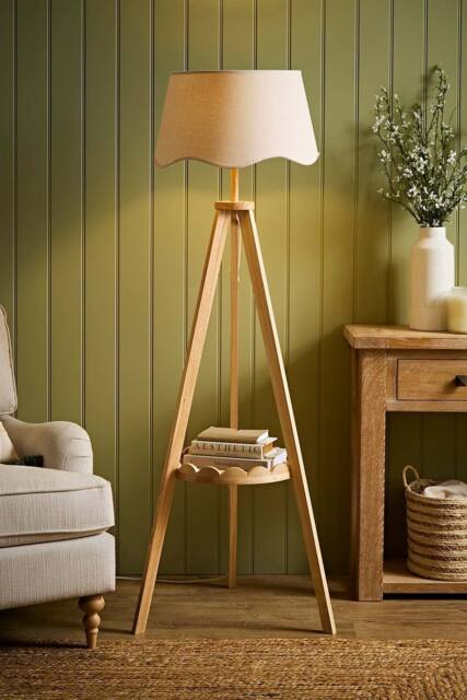 ValueLights Morrigan Scallop Linen Shade Wooden Scallop Shelf Tripod Floor Lamp in Natural - image 1