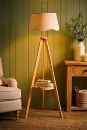 ValueLights Morrigan Scallop Linen Shade Wooden Scallop Shelf Tripod Floor Lamp in Natural - thumbnail 2