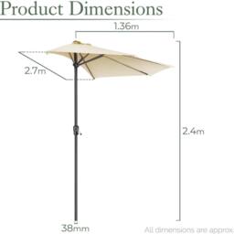 Christow 2.7m Half Parasol Garden Balcony Umbrella Steel Crank Handle UV Canopy in Beige - thumbnail 6