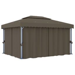 Berkfield Home Gazebo with Curtain&LED String Lights 4x3 m Taupe in Beige - thumbnail 3