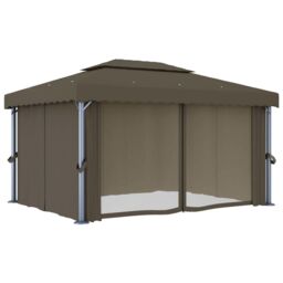 Berkfield Home Gazebo with Curtain&LED String Lights 4x3 m Taupe in Beige - thumbnail 5
