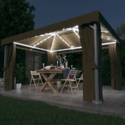 Berkfield Home Gazebo with Curtain&LED String Lights 4x3 m Taupe in Beige - thumbnail 1