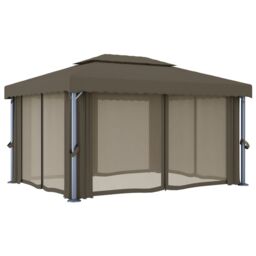 Berkfield Home Gazebo with Curtain&LED String Lights 4x3 m Taupe in Beige - thumbnail 6