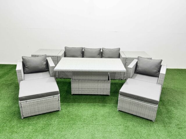 Fimous 8 PCs Rising Dining Table Set Rattan Furniture Set with Chair in Light Grey - image 1