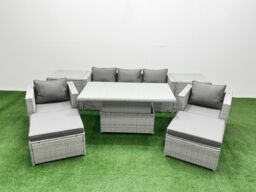 Fimous 8 PCs Rising Dining Table Set Rattan Furniture Set with Chair in Light Grey - thumbnail 2