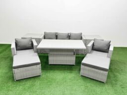Fimous 8 PCs Rising Dining Table Set Rattan Furniture Set with Chair in Light Grey