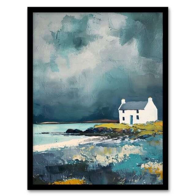 Artery8 Classic Scottish Lochside Cottage Oil Painting Framed Art Print in Grey - Size: A4 - image 1