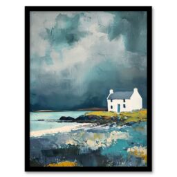 Artery8 Classic Scottish Lochside Cottage Oil Painting Framed Art Print in Grey - Size: A4 - thumbnail 1