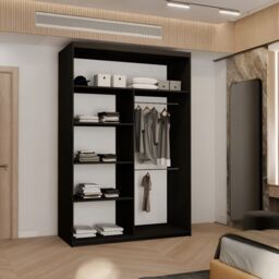 MN Furniture Wardrobe with Double Sliding Mirror Door-LED Light 120x217cm in Black - Size: 120x217 cm - thumbnail 3