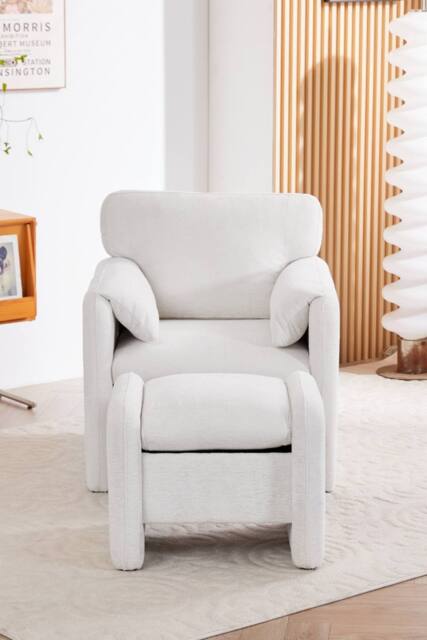 Living and Home Chenille Upholstered Armchair with Footstool in White - image 1