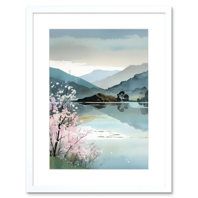 "Artery8 Wall Art Print Lakeside Landscape with Cherry Blossom Tree Modern Watercolour Painting Artwork Framed 9X7 Inch in White - Size: W7"" x H9""" - image 1