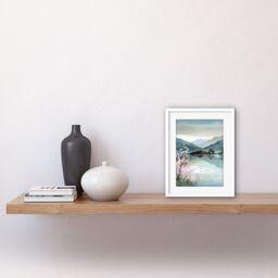"Artery8 Wall Art Print Lakeside Landscape with Cherry Blossom Tree Modern Watercolour Painting Artwork Framed 9X7 Inch in White - Size: W7"" x H9""" - thumbnail 2