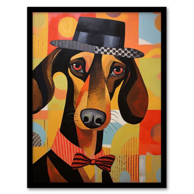 Artery8 Wall Art Print The Hound In The Hat Dressed Dachshund Bow Tie Art Deco Sausage Dog Art Framed in Black - Size: A4 - image 1