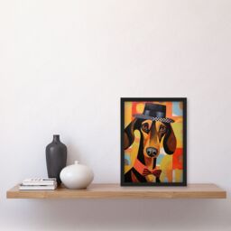 Artery8 Wall Art Print The Hound In The Hat Dressed Dachshund Bow Tie Art Deco Sausage Dog Art Framed in Black - Size: A4 - thumbnail 4