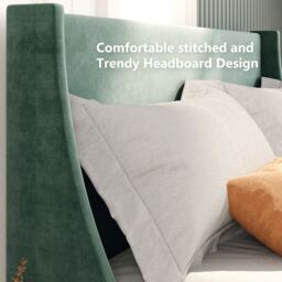 Matteo Luxurious Velvet Single Bed with Winged Headboard & Wood Slat Support, Dark Green in Beige - thumbnail 7