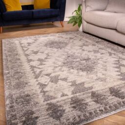 Kukoon Grey Cream Geometric Loop & Tufted Shaggy Rug in Mid Grey - Size: 80 cm x 150 cm - thumbnail 3