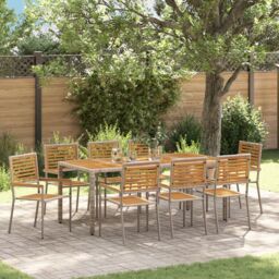 Berkfield Home 9 Piece Garden Dining Set Grey Poly Rattan Acacia - thumbnail 1
