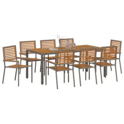 Berkfield Home 9 Piece Garden Dining Set Grey Poly Rattan Acacia - thumbnail 3