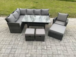 Fimous 10 Seater Outdoor Rattan Garden Furniture Set with Rectangular Dining Table 3 Footstool Armchiar Wicker Corner Sofa Set in Dark Grey - thumbnail 2