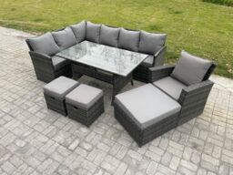 Fimous 10 Seater Outdoor Rattan Garden Furniture Set with Rectangular Dining Table 3 Footstool Armchiar Wicker Corner Sofa Set in Dark Grey - thumbnail 1