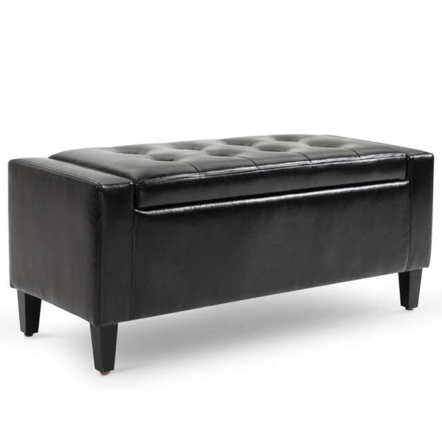 VOGREX Black Tufted PU Ottoman Bench 40×90cm Wood Frame Feet - image 1