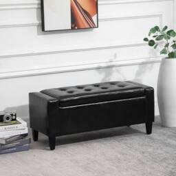 VOGREX Black Tufted PU Ottoman Bench 40×90cm Wood Frame Feet - thumbnail 4