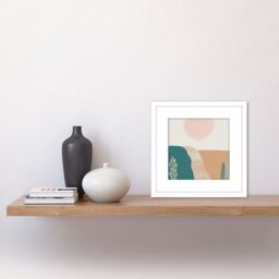 Artery8 Abstract Landscape Fields Sun Soft Modern Boho Earthy Toned Bohemian Watercolour Painting Square Wooden Framed Wall Art Print Picture 8X8 - thumbnail 2