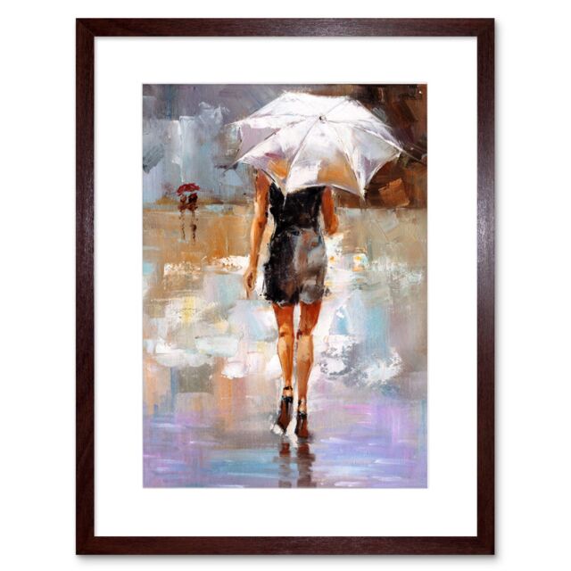 "Artery8 Wall Art Print Woman with Umbrella City Art Framed 9x7 inch in Brown - Size: W7"" x H9""" - image 1