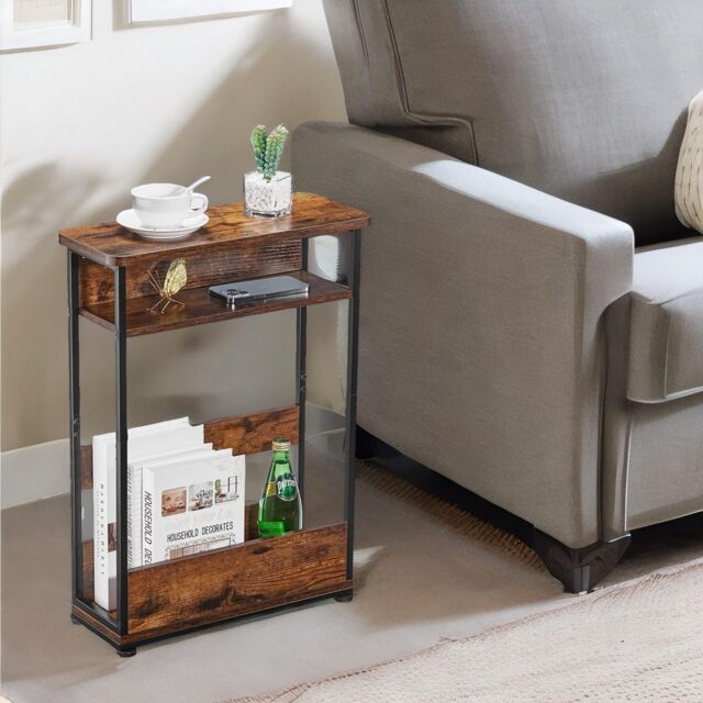 Rafaelo Mobilia Industrial Rustic 3 Tier Side Table With Magazine Rack in Dark Brown - image 1